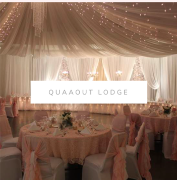 Quaaout Lodge wedding decor. White chair covers with blush ruffle sashes, blush table cloths, head table lighting, backdrop with flowers