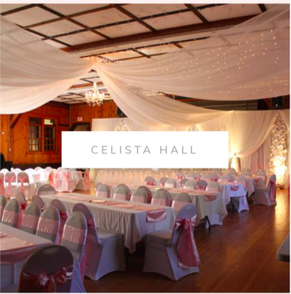 Celista hall wedding decor, ceiling drapery, backdrop, chair covers