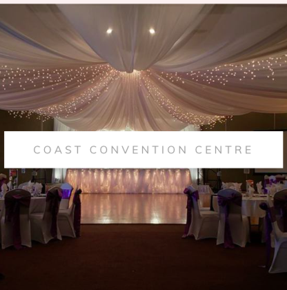 Coast Kamloops Convention Centre wedding decor, ceiling drapery, head table, backdrop, chair covers