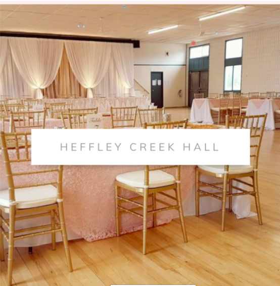 Heffley creek hall wedding decor, blush table cloths, gold chairs, backdrop and head table skirting with ceiling drapery
