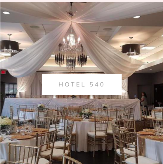 Hotel 540 wedding decor. Gold chiavari chairs, head table skirting and backdrop