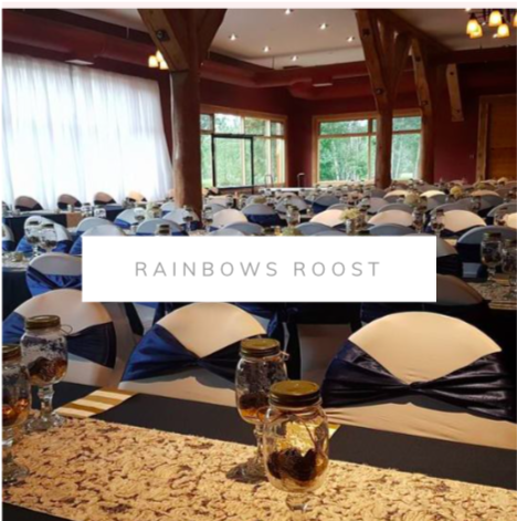 Rainbows roost wedding decorating. Navy table cloths, head table skirting, backdrop, navy sashes