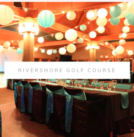 Rivershore golf course wedding, paper lantern ceiling, lighting, backdrop, with head table lighted skirting. Chair covers and sashes