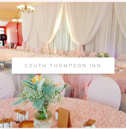 South Thompson Inn wedding decorating, chair covers, blush sashes, blush table cloths, backdrop, lighted head table skirting
