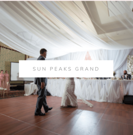 Sun Peaks Grand Hotel wedding decor. Gold chiavari chairs, blush table cloths, head table lighting, backdrop with flowers