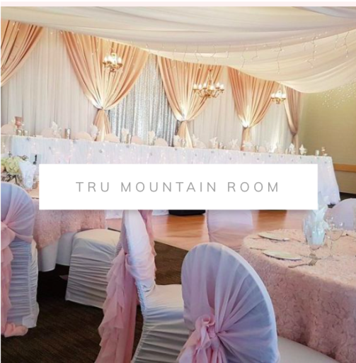 TRU Mountain room wedding decor. Chair covers and blush ruffle sashes, blush table cloths, head table lighting, backdrop with flowers