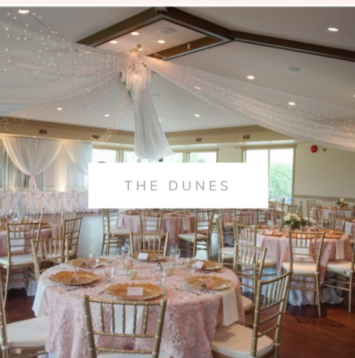 The Dunes wedding decor. Gold chiavari chairs, blush table cloths, head table lighting, backdrop silver sequins